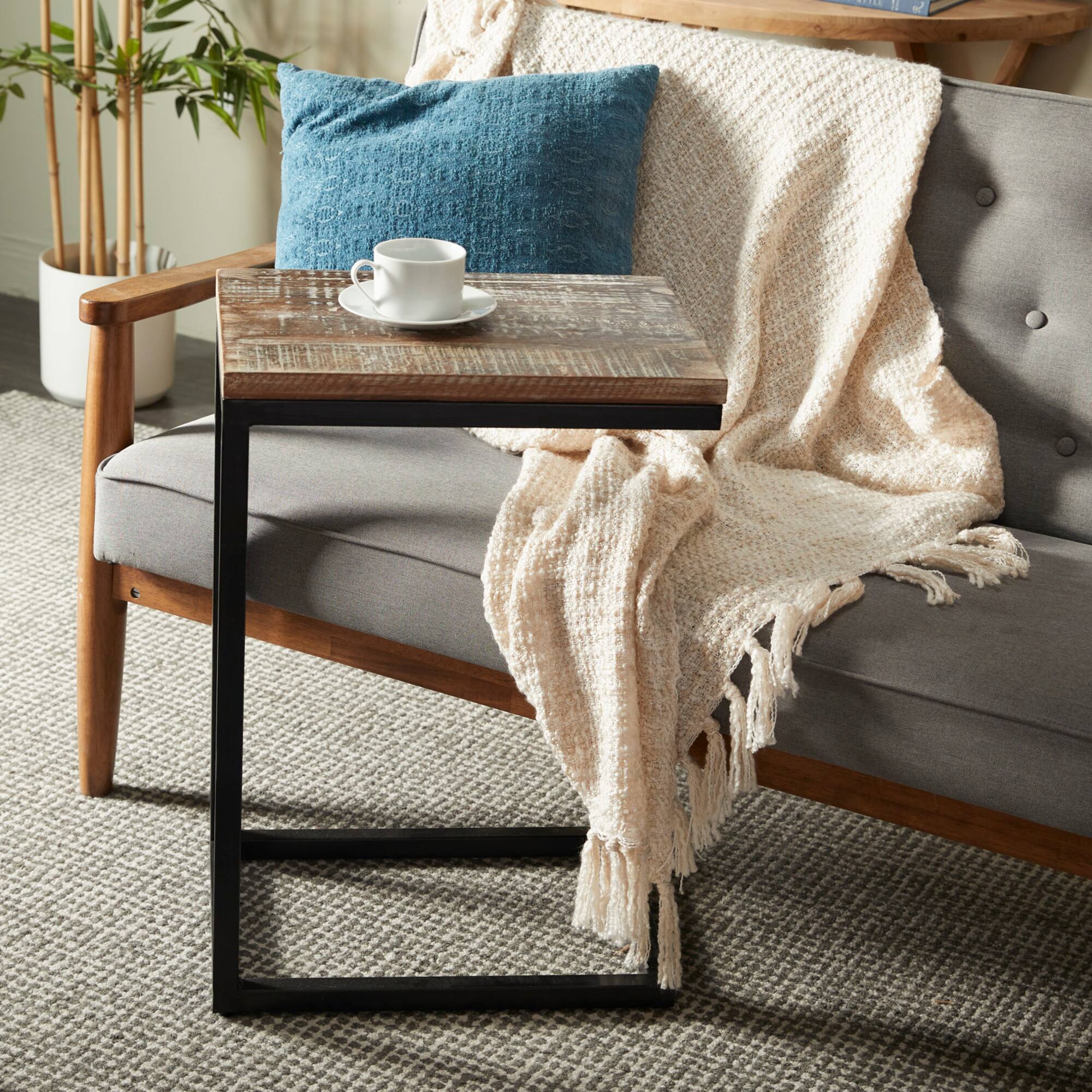 Brown Wood Distressed C-Shaped Accent Table with Black Metal Base 13" x 18" x 26"